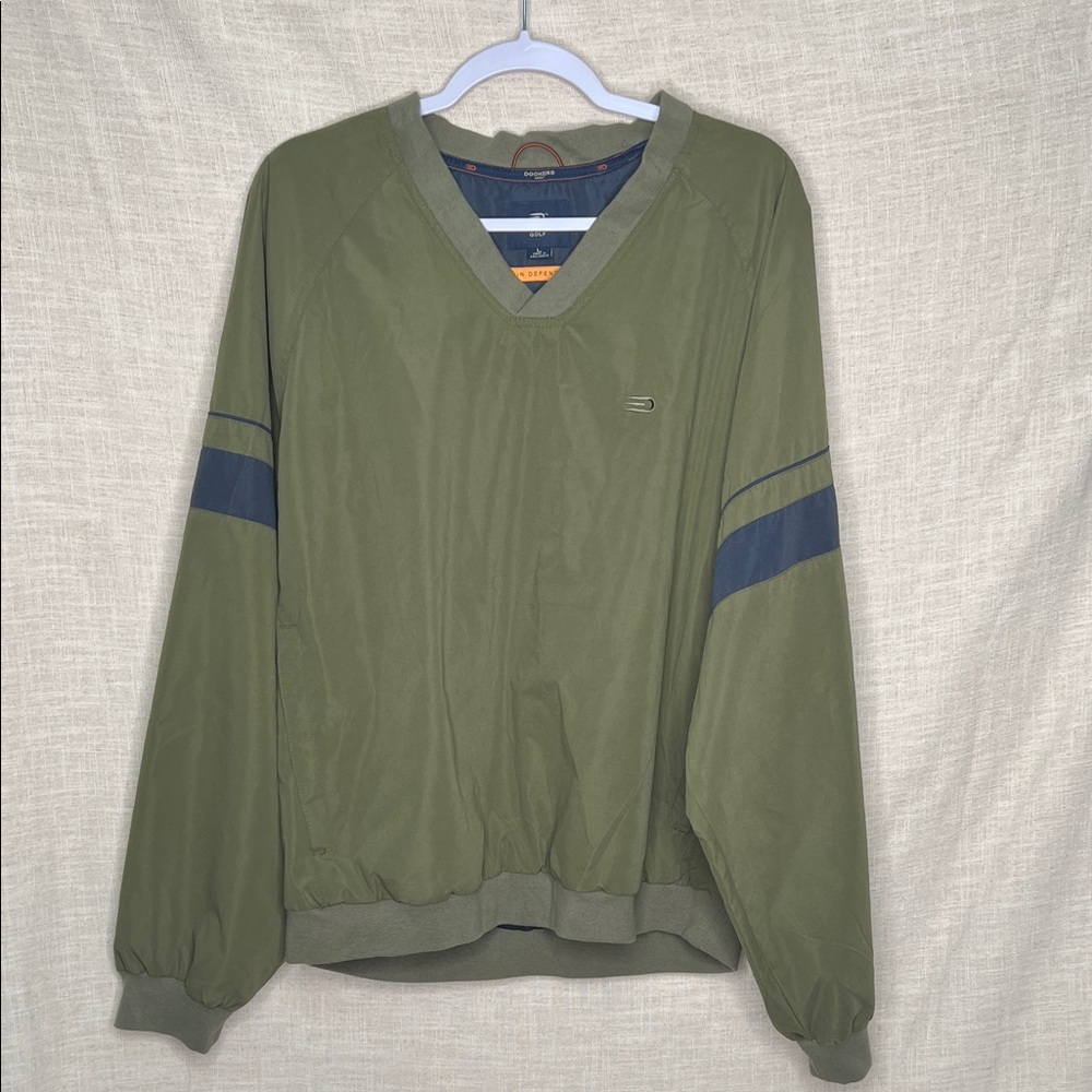 Dockers Men's Stain Defense Olive Green Golf Windbreaker V-Neck Jacket 100% Poly